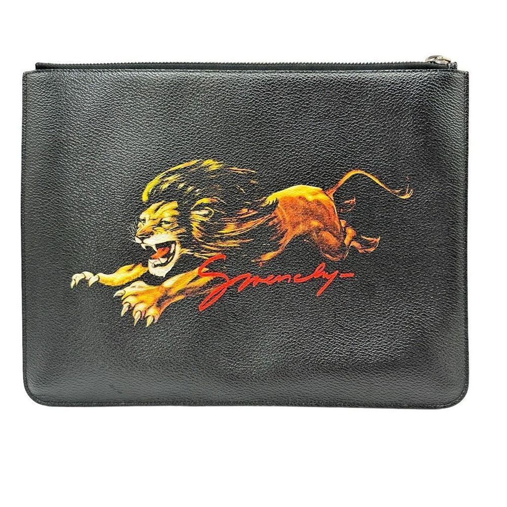 Givenchy Lion Leo Black Leather Zipper Large Clutch Bag